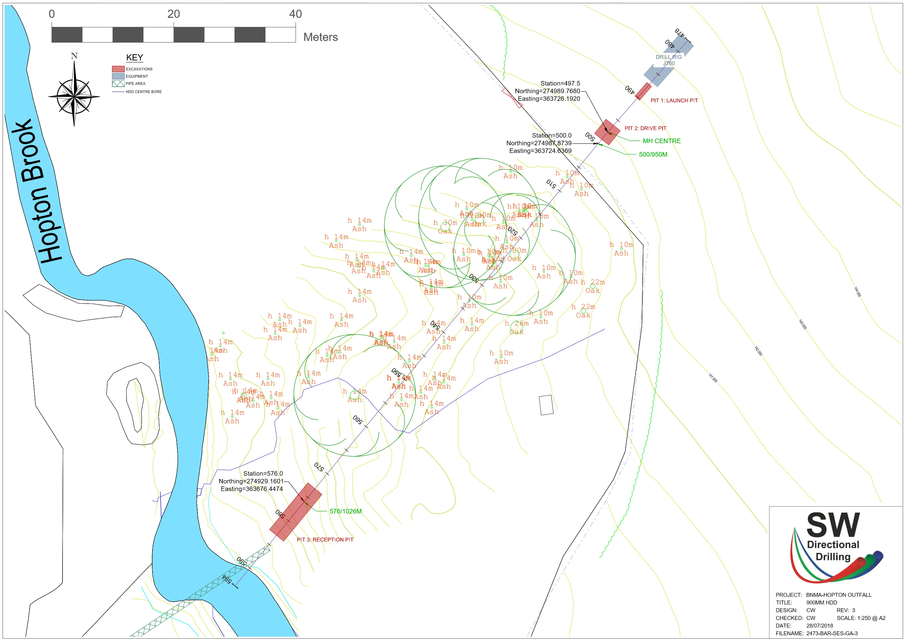HDD layout drawing of the Hopton outfall showing the bore line, pits, trees and Hopton Brook