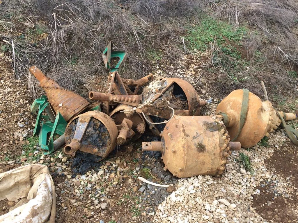 A selection of rock reamers and hole openers mobilised for the Hopton bore