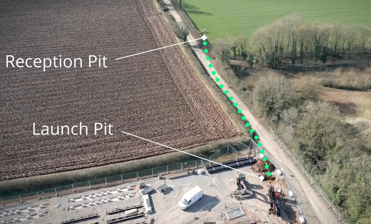 Drone view of the Iron Acton crossing showing the launch pit at the compound, the bore line running to the reception pit, the road and the hedgerow