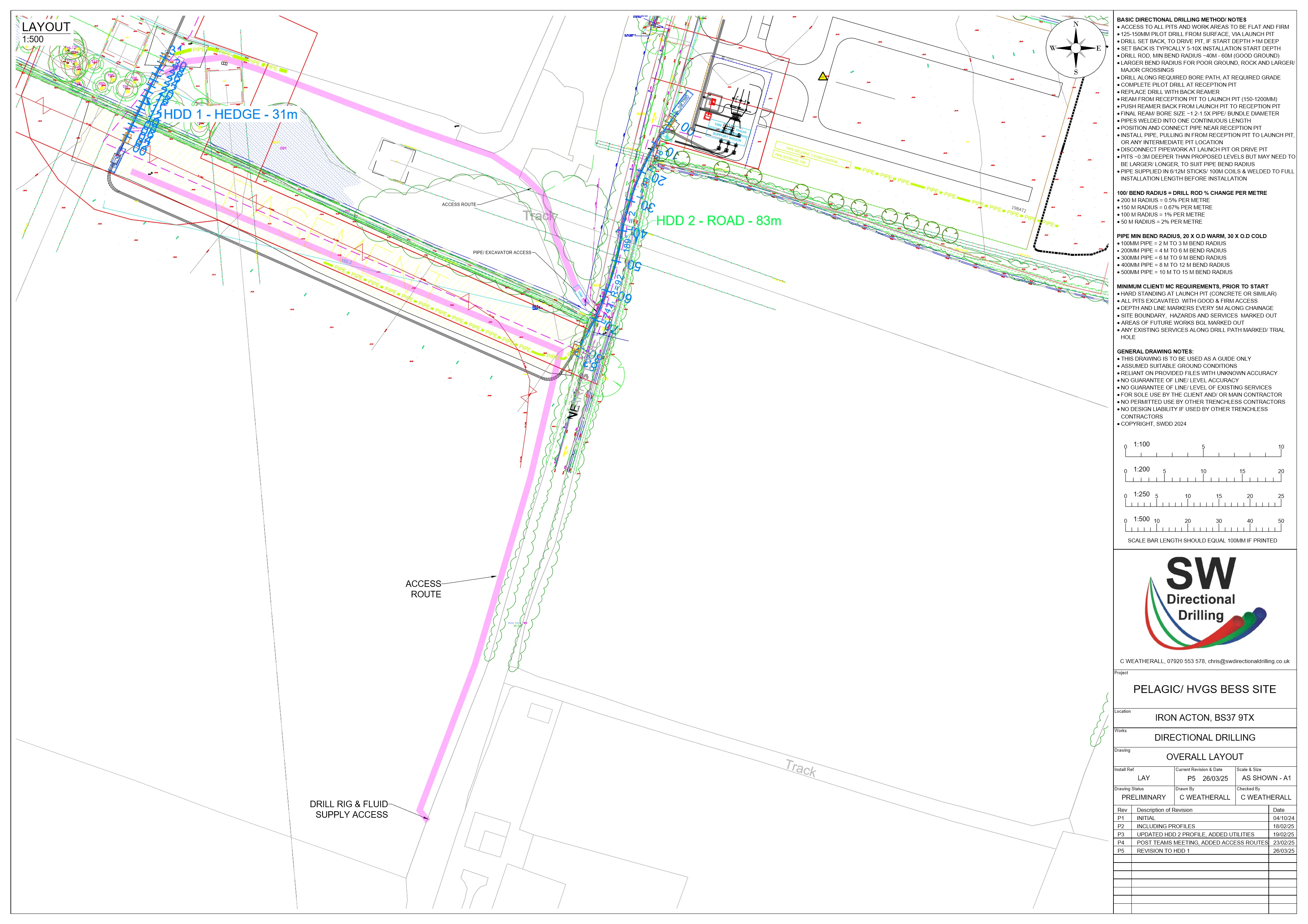 SWDD overall layout drawing of the two Iron Acton HDD crossings, showing both bore lines, pits and access routes across the site